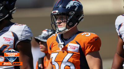 Denver Broncos running back Max Borghi (36) takes part in drills during the  NFL football team's training camp Friday, Aug. 5, 2022, at the Broncos'  headquarters in Centennial, Colo. (AP Photo/David Zalubowski