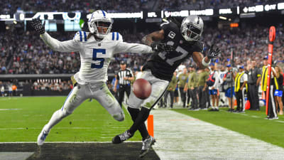 Las Vegas Raiders cornerback Rock Ya-Sin (26) leaves the field against the  Indianapolis Colts during the first half of an NFL football game, Sunday,  Nov 13, 2022, in Las Vegas. (AP Photo/Rick