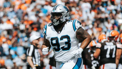 Carolina Panthers defensive tackle Bravvion Roy (93) looks on during an NFL  football game against the Minnesota Vikings, Sunday, Oct. 17, 2021, in  Charlotte, N.C. (AP Photo/Jacob Kupferman Stock Photo - Alamy