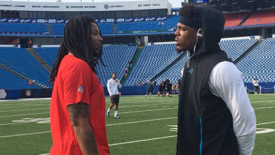 Carolina Panthers wide receiver Kelvin Benjamin runs a drill during a  combined NFL football training camp with the Tennessee Titans Wednesday,  Aug. 16, 2017, in Nashville, Tenn. (AP Photo/Mark Hum …