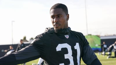 Las Vegas Raiders cornerback Isaiah Johnson (31) wear his Salute to Service  helmet sticks on his helmet during an NFL football game, Sunday, November  8, 2020, in Inglewood, Calif. (AP Photo/Peter Joneleit