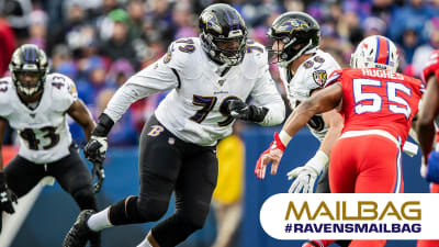 Baltimore Ravens offensive tackle Ronnie Stanley (79) and John Harbaugh  takes the field to face the New York Giants during an NFL football game  Sunday, Oct. 16, 2022, in East Rutherford, N.J. (