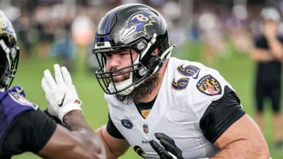 Baltimore Ravens guard Ben Cleveland (66) leaves the field on a