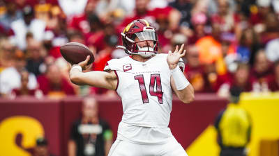 Washington Commanders QB Sam Howell (14) shows off his legs and runs  towards the end zone at the Arizona Cardinals vs Washington Commanders game  (Week 1) on September 10 2023 at FedEx