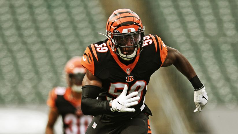 Cincinnati Bengals linebacker Akeem Davis-Gaither (59) in coverage during  an NFL football game against the New York Jets, Sunday, Sept. 25, 2022, in  East Rutherford, N.J. The Cincinnati Bengals won 27-12. (AP