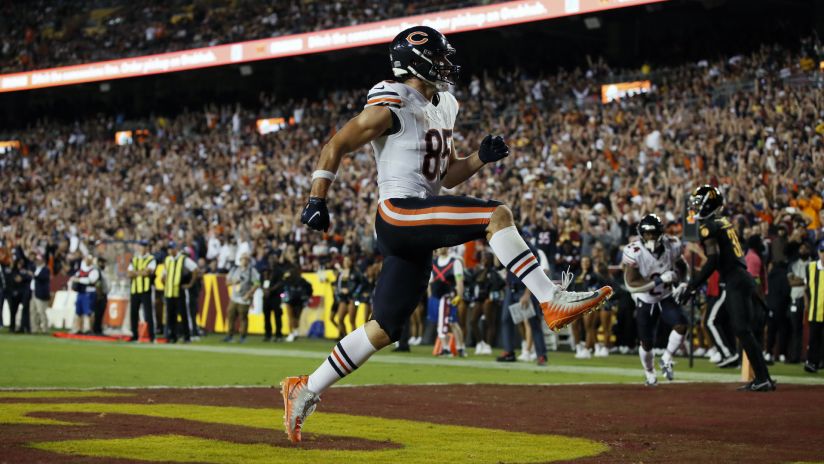 Chicago Bears fullback Robert Burns (45) celebrates after scoring a  touchdown against the Buffalo Bills during the second half of an NFL  preseason football game, Saturday, Aug. 26, 2023, in Chicago. (AP