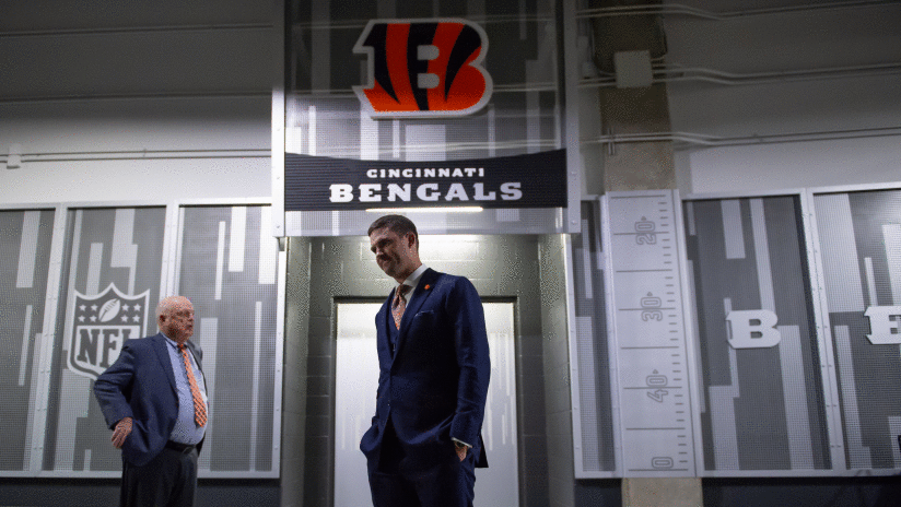 Bengals head coach Zac Taylor and team president Mike Brown wait in Paul Brown Stadium for the start of Taylor's introductory press conference.