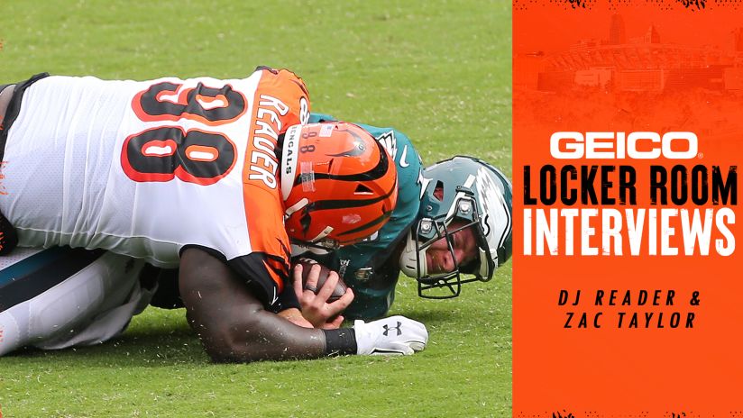 Geico Locker Room D J Reader And Zac Taylor Here them bengals growling mean and angry here he comes a'prowling lean and hungry an offensive brute run, pass, or boot and defensively, he's rough.