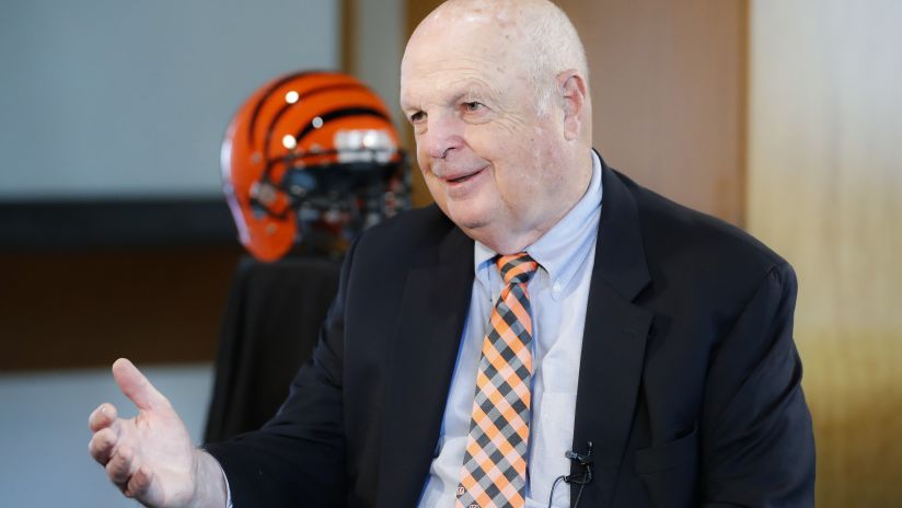 Mike Brown, owner of the Cincinnati Bengals NFL football team, speaks while being interviewed at Paul Brown Stadium during the team's media luncheon, Tuesday, July 23, 2019, in Cincinnati. (AP Photo/John Minchillo)