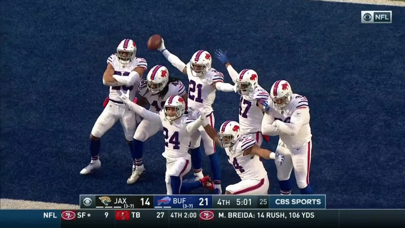 Buffalo Bills safety Jordan Poyer is in the perfect spot to intercept Jacksonville Jaguars quarterback Blake Bortles' tipped pass.