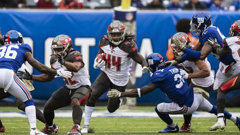 EAST RUTHERFORD, NJ - NOVEMBER 18, 2018 - Running Back Dare Ogunbowale #44 during the game between the Tampa Bay Buccaneers and New York Giants at MetLife Stadium in East Rutherford, NJ. The Buccaneers lost 38-35. Photo By Kyle Zedaker/Tampa Bay Buccaneers