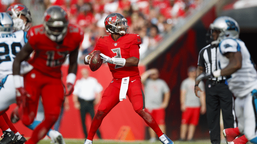 TAMPA, FL - DECEMBER 02, 2018 - Quarterback Jameis Winston #3 during the game between the Tampa Bay Buccaneers and Carolina Panthers at Raymond James Stadium in Tampa, FL. The Buccaneers won 24-17. Photo By Matt May/Tampa Bay Buccaneers