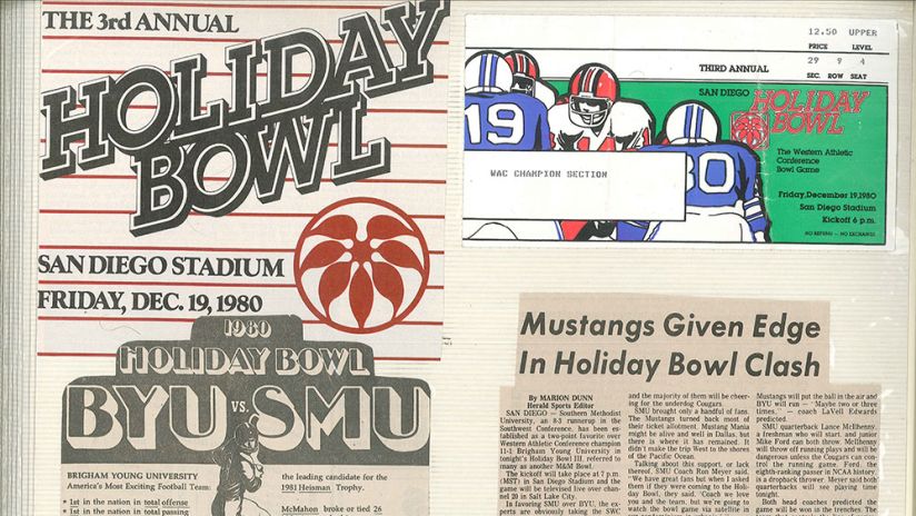 Newspaper clippings from the 1980 Holiday Bowl where BYU played SMU.