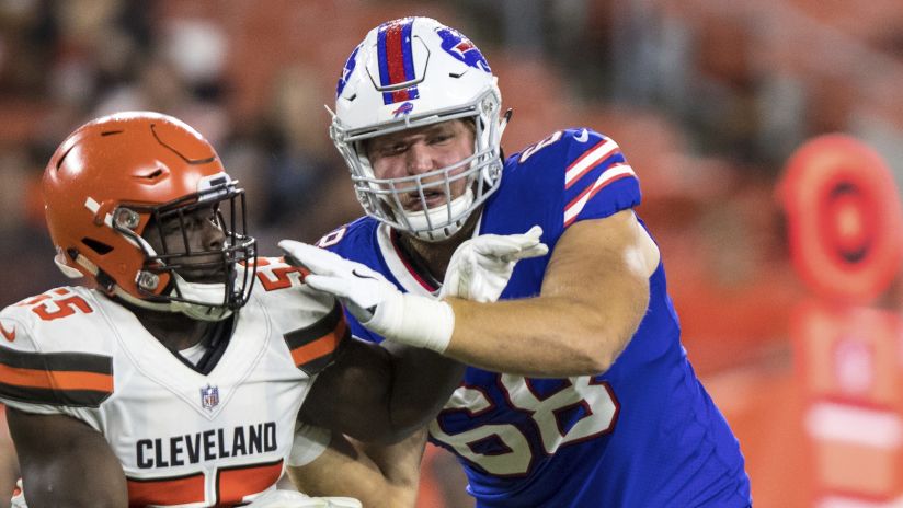 Buffalo Bills tackle Conor McDermott (68) blocks during an NFL game against the Cleveland Browns, Friday Aug. 17, 2018, Cleveland. The Bills defeated the Browns 19-17. (Al Tielemans via AP)