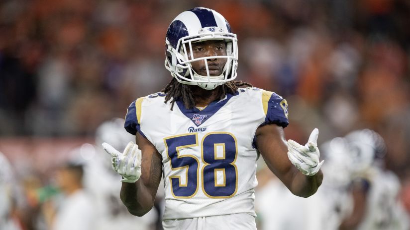 Linebacker (58) Cory Littleton of the Los Angeles Rams against the Cleveland Browns during the Rams 20-13 victory over the Browns in an NFL Week 3 football game, Sunday, September 22, 2019, in Cleveland, OH. (Jeff Lewis/Rams)