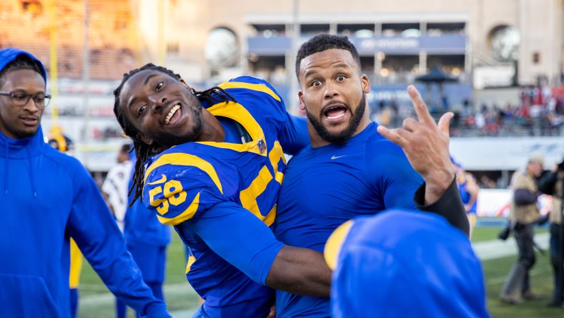 Los Angeles Rams inside linebacker Cory Littleton (58) and defensive end Aaron Donald (99) celebrate during an NFL game against the San Francisco 49ers at the Los Angeles Memorial Coliseum in Los Angeles on December 30th, 2018 (Hiro Ueno/Rams).