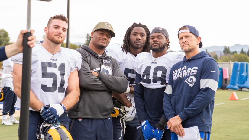 Linebacker's (51) Troy Reeder, (59) Micah Kiser, (58) Cory Littleton, (48) Travin Howard, and linebacker coach Joe Barry of the Los Angeles Rams pose at practice, Thursday, December 5, 2019, in Thousand Oaks, CA. (Jeff Lewis/Rams)