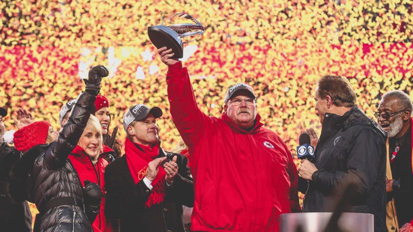 Chiefs head coach Andy Reid raises the Lamar Hunt Trophy after winning the 2020 AFC Championship