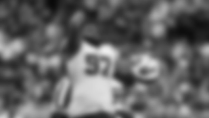 Buffalo Bills defensive tackle Jordan Phillips (97) celebrates during an NFL wild-card playoff football game against the Houston Texans, Saturday, Jan. 4, 2020, in Houston. The Texans defeated the Bills in overtime, 22-19.