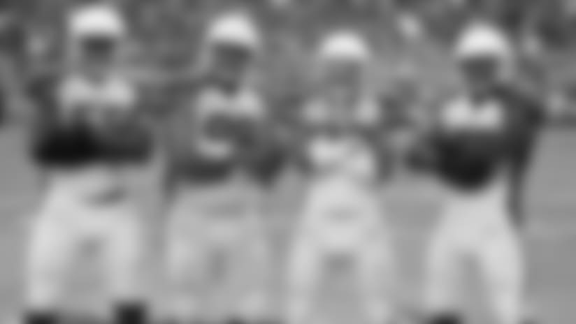 From left: DE Chandler Jones, DT Corey Peters, S Tre Boston and LB Josh Bynes celebrating a defensive touchdown