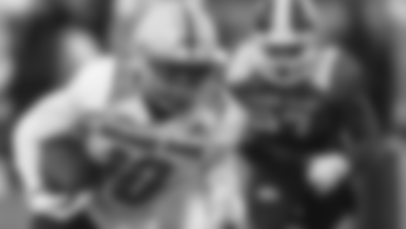 North wide receiver Terry McLaurin of Ohio State (10) carries the ball after a reception during practice for Saturday's Senior Bowl college football game, Tuesday, Jan. 22, 2019, in Mobile, Ala. (AP Photo/Butch Dill)