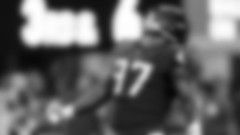 Atlanta Falcons defensive tackle Grady Jarrett #97 reacts after sacking Philadelphia Eagles quarterback Carson Wentz #11 during the second quarter of the game at Mercedes-Benz Stadium in Atlanta, GA, on Sunday September 15, 2019. (Photo by Kara Durrette/Atlanta Falcons)