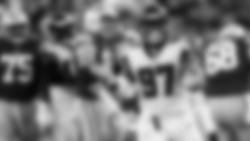 Atlanta Falcons defensive tackle Grady Jarrett #97 celebrates making a sack on San Francisco 49ers quarterback Jimmy Garoppolo #10 at Levi's Stadium in Santa Clara, CA, on Sunday December 15, 2019. (Photo by Alika Jenner/Atlanta Falcons)