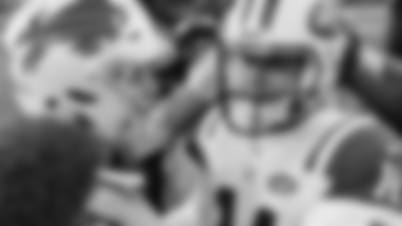 Buffalo Bills quarterback Josh Allen, left, and New York Jets quarterback Sam Darnold, right, speak at midfield after an NFL football game, Sunday, Dec. 9, 2018, in Orchard Park, N.Y. (AP Photo/Jeffrey T. Barnes)