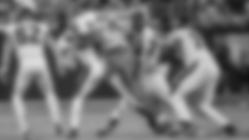 Carolina Panther Julius Peppers (90) sacks Philadelphia Eagle quarterback Carson Wentz at Bank of American Stadium on Thursday, October 12, 2017 in Charlotte, NC.