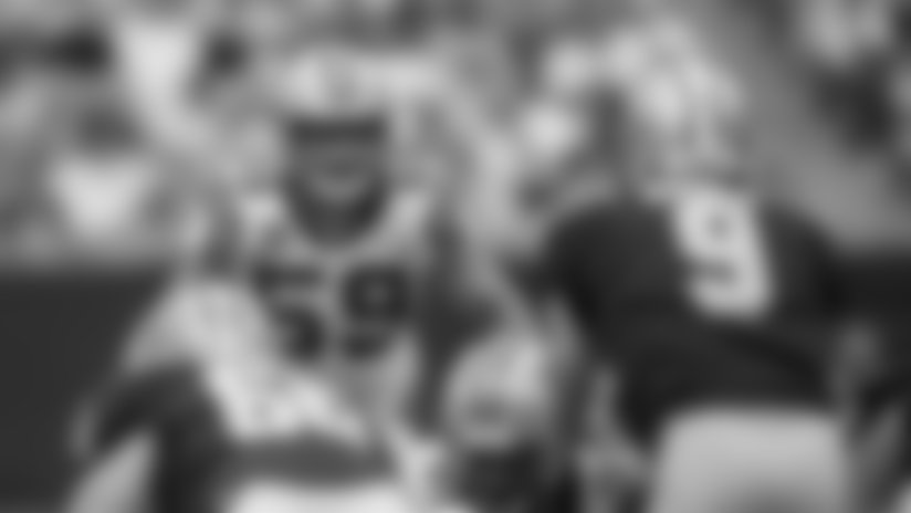 Carolina Panther Luke Kuechly (59) keeps his eyes on New Orleans Saint quarterback Drew Brees at Bank of American Stadium on Sunday, September 24, 2017 in Charlotte, NC.