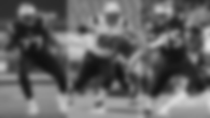 From left to right: Trent Brown (77), David Andrews (60) and Ted Karras (75).