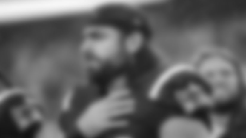 Nate Ebner during the National Anthem prior to New England’s game against the Cleveland Browns this past October.
