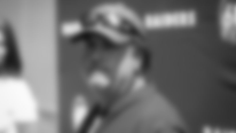 Oakland Raiders defensive coordinator Paul Guenther at a press conference following an in season practice at the Oakland Raiders Practice Facility, Friday, September 6, 2019, in Alameda, Calif.
