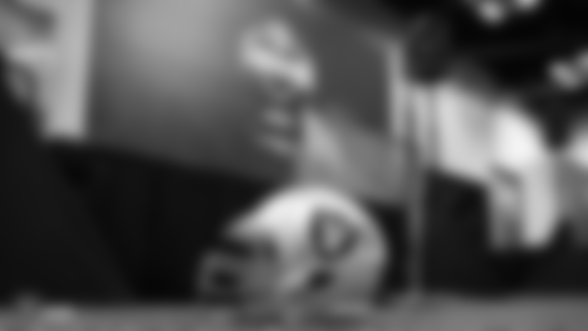 An Oakland Raiders helmet at the 2019 NFL Scouting Combine at Lucas Oil Stadium, Wednesday, February 27, 2019, in Indianapolis, Ind.
