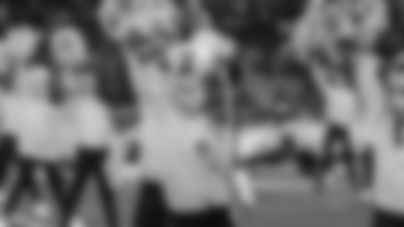 Junior and Alumni Rams Cheerleaders perform on field during pregame warms ups, the Rams lose 45-6 against the Baltimore Ravens in an NFL Week 12 football game, Monday, November 25, 2019, in Los Angeles, CA. (Will Navarro/Rams)