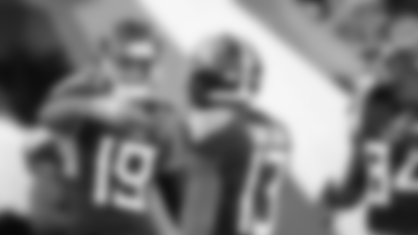 Tennessee Titans wide receiver Tajae Sharpe (19) and wide receiver Taywan Taylor (13) warm up before an NFL football game against the New York Jets Sunday, Dec. 2, 2018, in Nashville, Tenn. (AP Photo/Mark Zaleski)