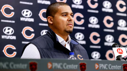 Chicago Bears first-year general manager Ryan Poles watches warm ups before  a preseason NFL football game between the Chicago Bears and Kansas City  Chiefs, Saturday, Aug. 13, 2022, in Chicago. (AP Photo/Kamil