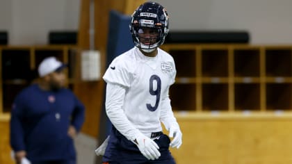 Chicago Bears safety Jaquan Brisker (9) reacts against the New