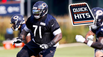 FILE - Chicago Bears offensive lineman Jason Peters (71) blocks during an  NFL football game against the Cleveland Browns, Sunday, Sept. 26, 2021, in  Cleveland. Age is a funny thing in the