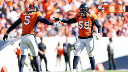 DENVER, CO - SEPTEMBER 25: Denver Broncos linebacker Jonas Griffith (50)  celebrates a defensive play during a game between the San Francisco 49ers  and the Denver Broncos at Empower Field at Mile