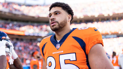 Denver Broncos tight end Albert Okwuegbunam runs against the Los Angeles  Rams during the first half of an NFL preseason football game Saturday, Aug.  26, 2023, in Denver. (AP Photo/Jack Dempsey Stock