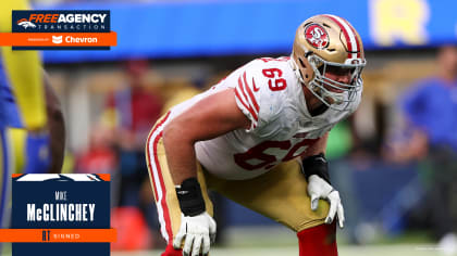 San Francisco 49ers Mike McGlinchey (69) is seen on the sideline during an  NFL football game against the Green Bay Packers, Sunday, Sept. 26, 2021, in  Santa Clara, Calif. (AP Photo/Scot Tucker