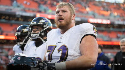 Denver Broncos guard Ben Powers, right, squares off against guard