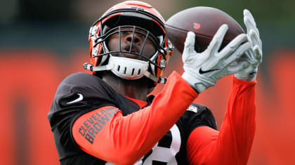 New York Jets cornerback Rashard Robinson gestures while working