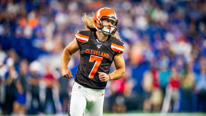 Cleveland Browns punter Jamie Gillan (7) punts against the Detroit Lions  during the first half of an NFL preseason football game, Thursday, Aug. 29,  2019, in Cleveland. (AP Photo/Ron Schwane Stock Photo - Alamy