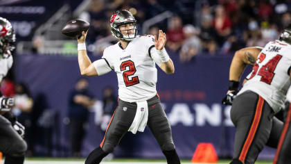 Tampa Bay Buccaneers quarterback Kyle Trask (2) throws a pass during  warmups for an NFL football game against the Chicago Bears, Sunday, Sept.  17, 2023, in Tampa, Fla. (AP Photo/Chris O'Meara Stock