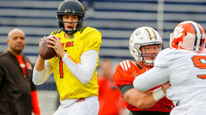 South squad running back Donnel Pumphrey of San Diego State, center is  tackled during the first half of the Senior Bowl NCAA college football game  against North, Saturday, Jan. 28, 2017, at