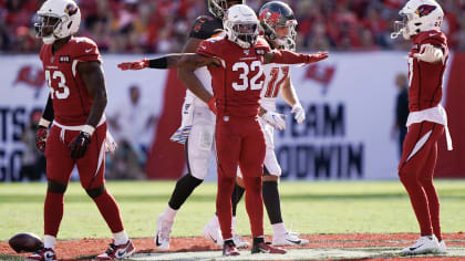 NFC strong safety Budda Baker of the Arizona Cardinals (3) celebrates an  interception with NFC …