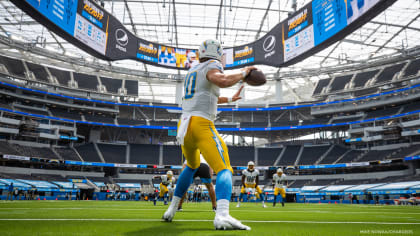 Inglewood, United States. 05th Oct, 2021. Los Angeles Chargers quarterback  Justin Herbert waves his fist to the crowd after victory over the Las Vegas  Raiders at SoFi Stadium on Monday, October 4