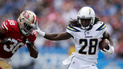 Los Angeles Chargers and San Francisco 49ers helmets with Super